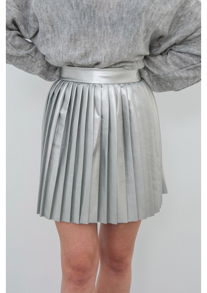 Yüksek Bel Suni Deri Piliseli Etek