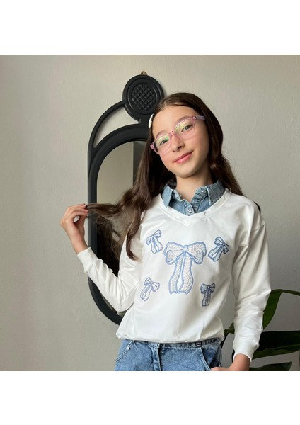 Gömlek Yakalı Beyaz Kurdele Boncuk Baskılı Kız Sweatshirt