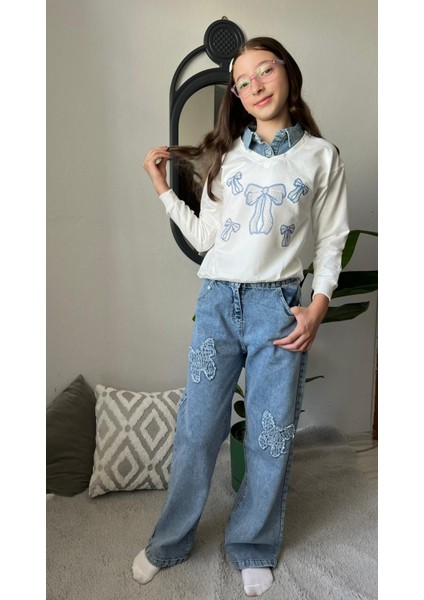 Gömlek Yakalı Beyaz Kurdele Boncuk Baskılı Kız Sweatshirt fiyatları