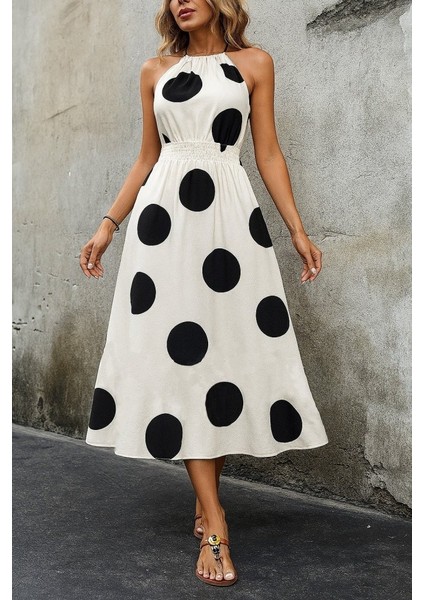 Kadın Kolsuz Boyundan Bağlamalı Beli Lastikli Dijital Baskı Süprem Uzun Elbise