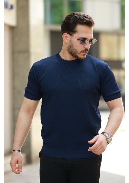 Erkek Bisiklet Yaka Jakarlı Kısa Kollu Tshirt