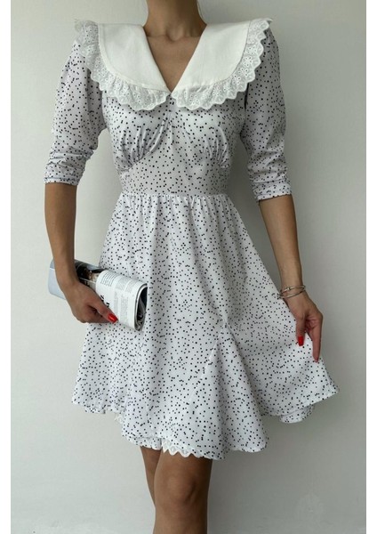 Beyaz Puantiyeli Önlük Yaka Elbise modelleri