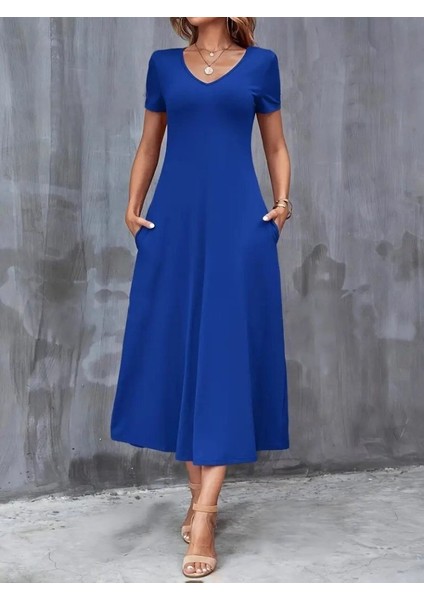 Kadın Kısa Kollu V Yakalı Cepli Viskon Elbise fiyatları