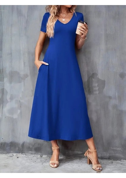 Kadın Kısa Kollu V Yakalı Cepli Viskon Elbise modelleri