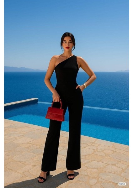 Kadın Tek Omuz Acık Detaylı Scuba Tulum Elbise