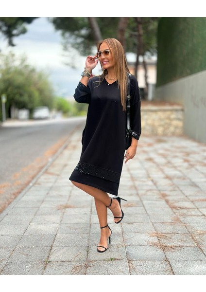 Kadın Modal Kumaş Kol ve Etek Ucu Payetl Elbise fiyatları