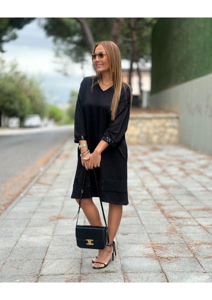 Kadın Modal Kumaş Kol ve Etek Ucu Payetl Elbise modelleri