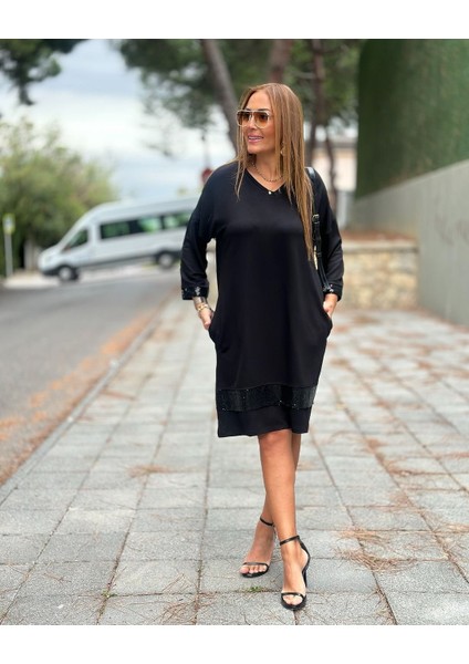 Kadın Modal Kumaş Kol ve Etek Ucu Payetl Elbise