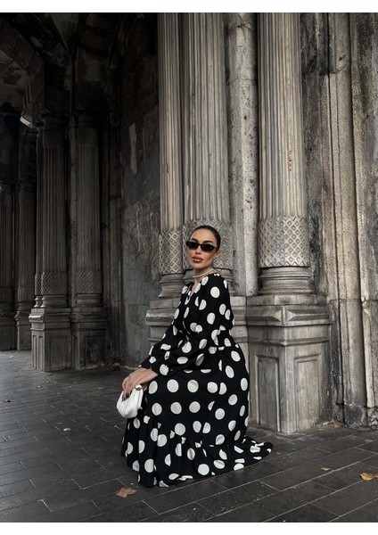 Kadın Uzun Kollu V Yakalı Beli Lastikli Puantiyeli Uzun Krep Elbise