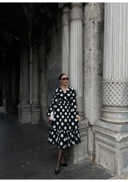 Kadın Uzun Kollu V Yakalı Beli Lastikli Puantiyeli Uzun Krep Elbise