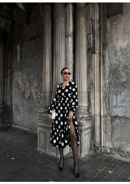 Kadın Uzun Kollu V Yakalı Beli Lastikli Puantiyeli Uzun Krep Elbise