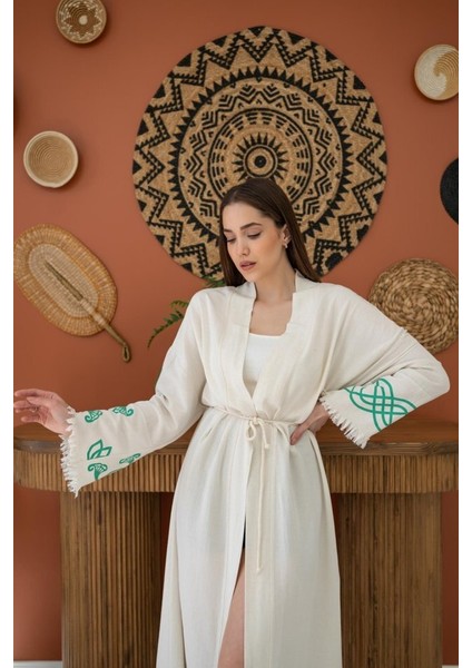 Yeşil Baskı Detay Keten Hırka fırsatları