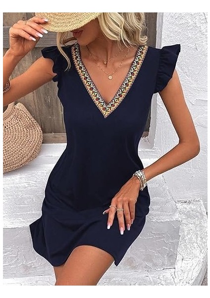 Kadın Kısa Kollu V Yakalı Viskon Elbise