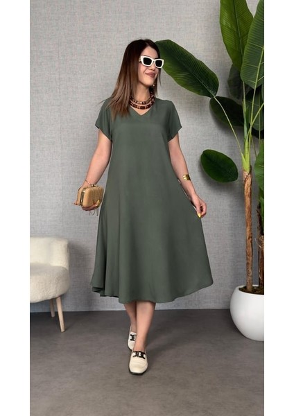 Kadın Kısa Kollu V Yaka Salaş Maxi Boy Elbise
