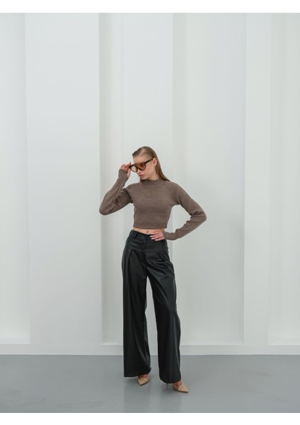 Yüksek Bel Geniş Paça Suni Deri Kadın Pantolon fiyatları