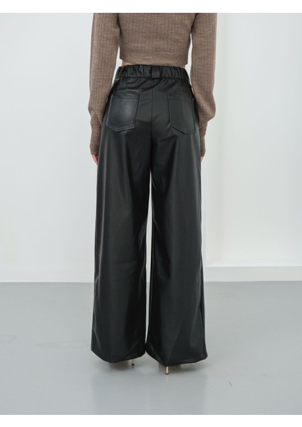 Yüksek Bel Geniş Paça Suni Deri Kadın Pantolon fırsatları