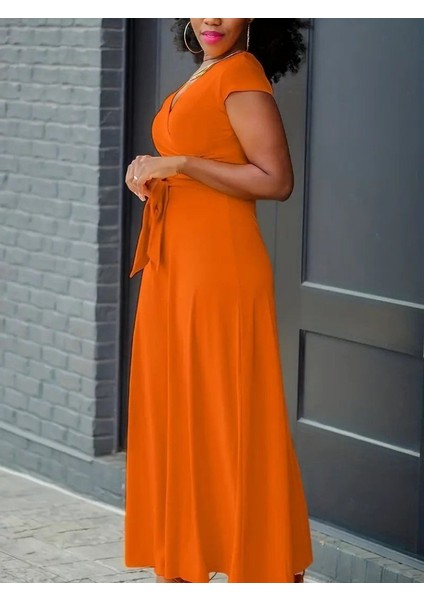 Kadın Kısa Kollu V Yakalı Belden Kuşaklı Maksi Boy Viskon Elbise