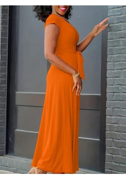 Kadın Kısa Kollu V Yakalı Belden Kuşaklı Maksi Boy Viskon Elbise