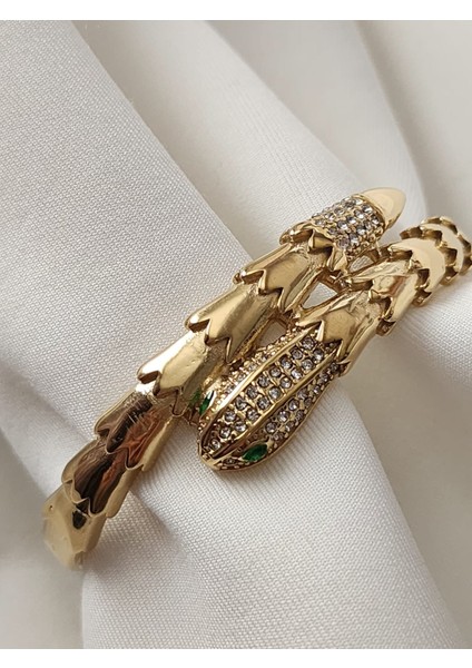 Yılan Model Çelik Kelepçe Bileklik 14K Gold