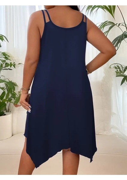 Kadın Askılı Yuvarlak Asimetrik Kesim Detaylı Viskon Elbise