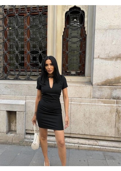 Polo Yaka Yaka Kemer Detaylı Kalem Elbise - Siyah modelleri