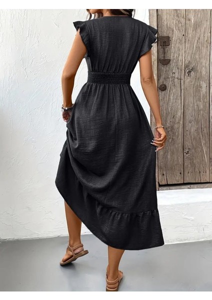 Kadın Kısa Kelebek Kollu Kruvaze Yakalı Beli Lastikli Aerobin Elbise fırsatları