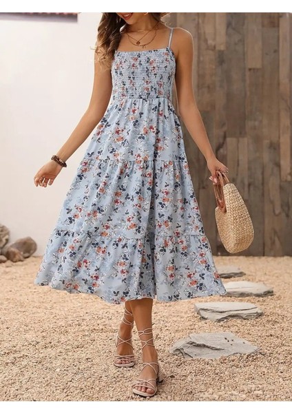 Kadın Ip Askılı Geniş V Yakalı Desenli Uzun Süprem Elbise indirimleri