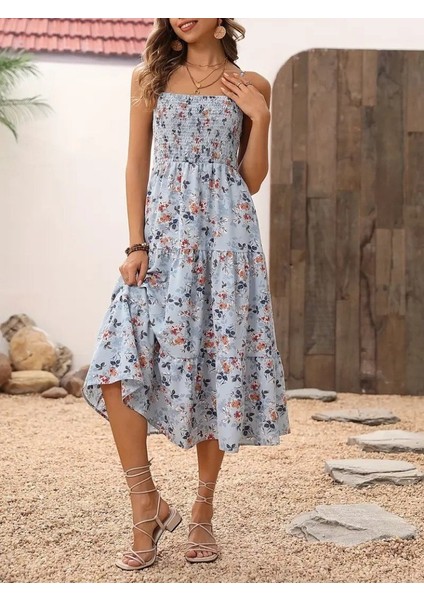 Kadın Ip Askılı Geniş V Yakalı Desenli Uzun Süprem Elbise