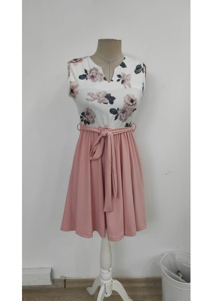 Kadın Sıfır Kollu V Yakalı Çiçek Baskılı Beli Kuşaklı Dalgıç Elbise indirimleri