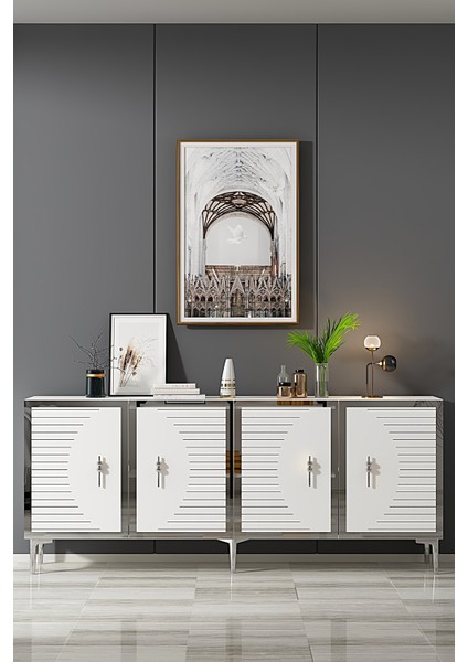 KA1801BS- Tuna Konsol , Tv Sehpası 180CM Beyaz- Silver