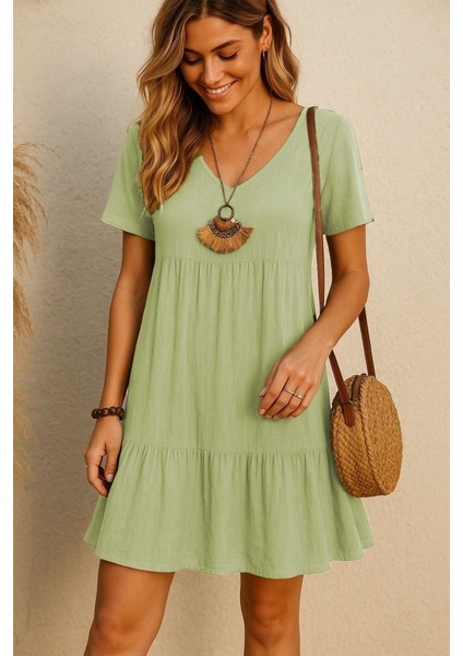 Kadın Kısa Kollu V Yakalı Fırfırlı Bürümcük Elbise indirimleri