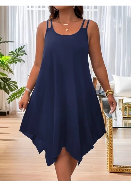 Kadın Askılı Yuvarlak Asimetrik Kesim Detaylı Viskon Elbise modelleri