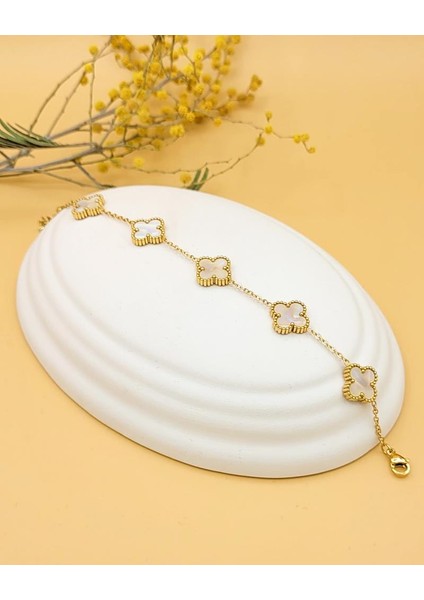 Krem Sedef Hologram Taşlı Gold Çift Taraflı Şans Yoncası Bileklik