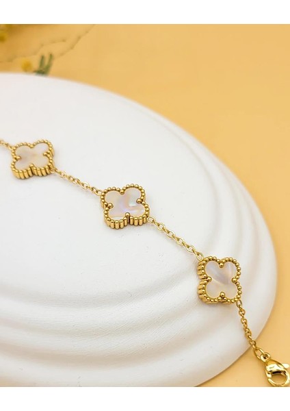 Krem Sedef Hologram Taşlı Gold Çift Taraflı Şans Yoncası Bileklik fiyatları