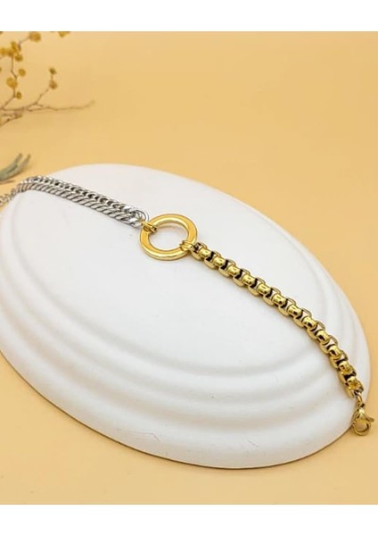 Dualis Gold-Silver Halka Charm Çelik Bileklik
