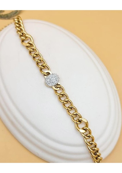 Zirkon Taşlı Bağ Zincir Gold Çelik Bileklik