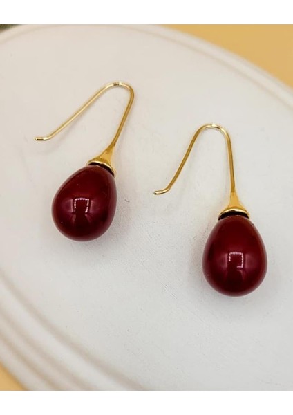 Bordo Uzun Damla Gold Küpe