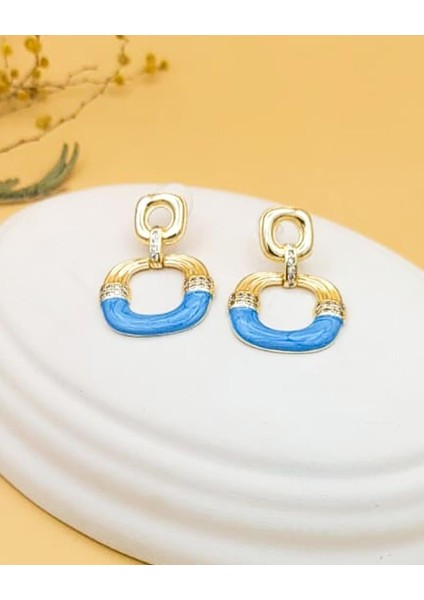 Sallantılı Mavi Mineli Altın Kaplama Küpe