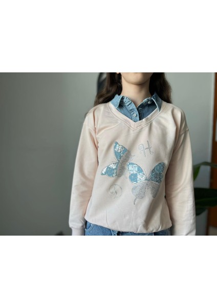 Gömlek Yakalı Pembe Kelebekli Boncuk Baskılı Kız Sweatshirt