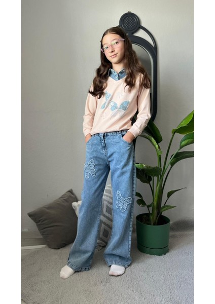 Gömlek Yakalı Pembe Kelebekli Boncuk Baskılı Kız Sweatshirt fiyatları