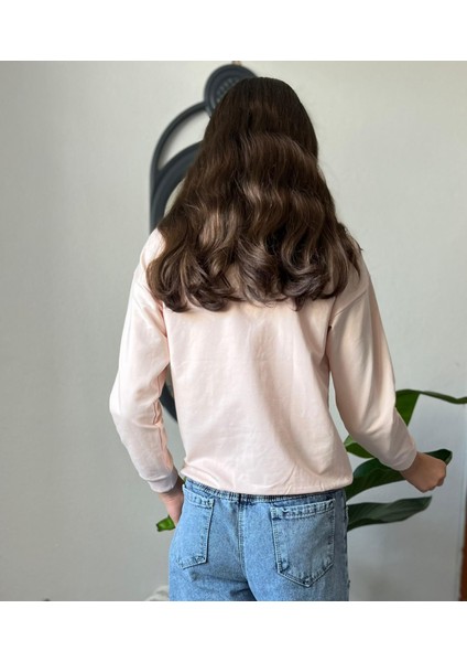 Gömlek Yakalı Pembe Kelebekli Boncuk Baskılı Kız Sweatshirt modelleri