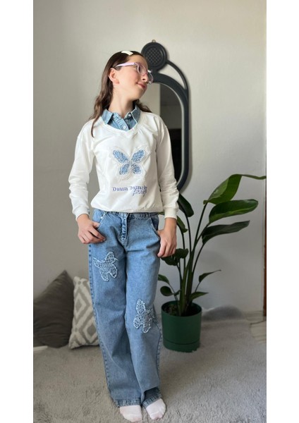 Gömlek Yakalı Beyaz Kelebekli Boncuk Baskılı Kız Sweatshirt