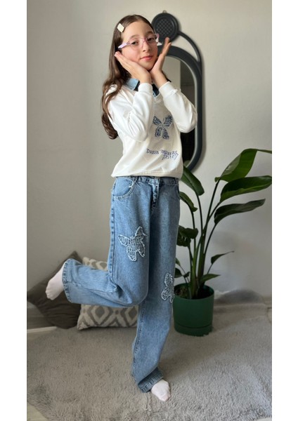 Gömlek Yakalı Beyaz Kelebekli Boncuk Baskılı Kız Sweatshirt fiyatları