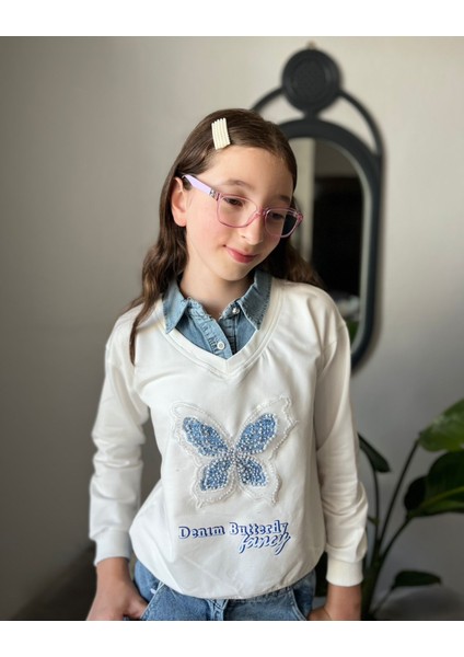 Gömlek Yakalı Beyaz Kelebekli Boncuk Baskılı Kız Sweatshirt modelleri