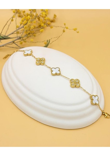 Beyaz Sedef Zirkon Taşlı Çift Taraflı Şans Yoncası Bileklik