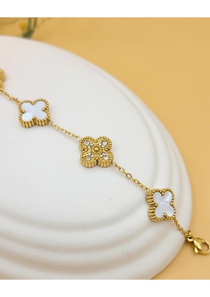 Beyaz Sedef Zirkon Taşlı Çift Taraflı Şans Yoncası Bileklik fiyatları