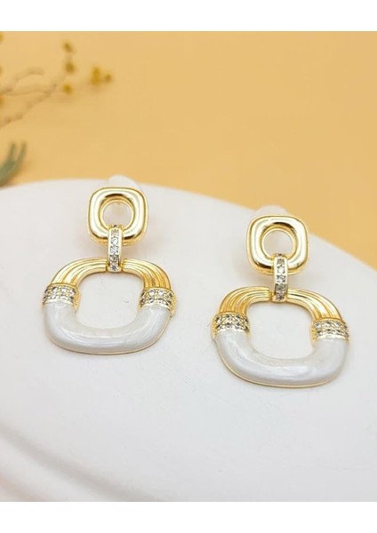 Sallantılı Ekru Mineli Altın Kaplama Küpe modelleri