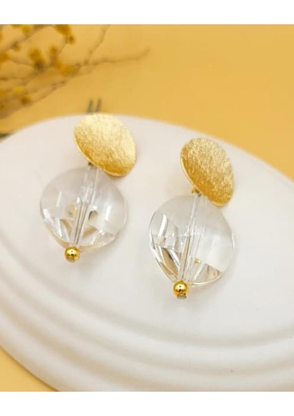 Gold Diskli Şeffaf Kristal Elips Küpe