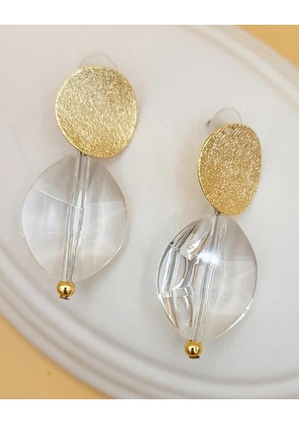 Gold Diskli Şeffaf Kristal Elips Küpe fiyatları