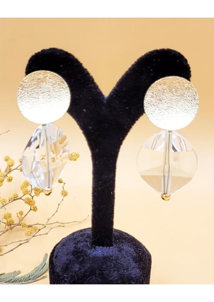 Gold Diskli Şeffaf Kristal Elips Küpe modelleri